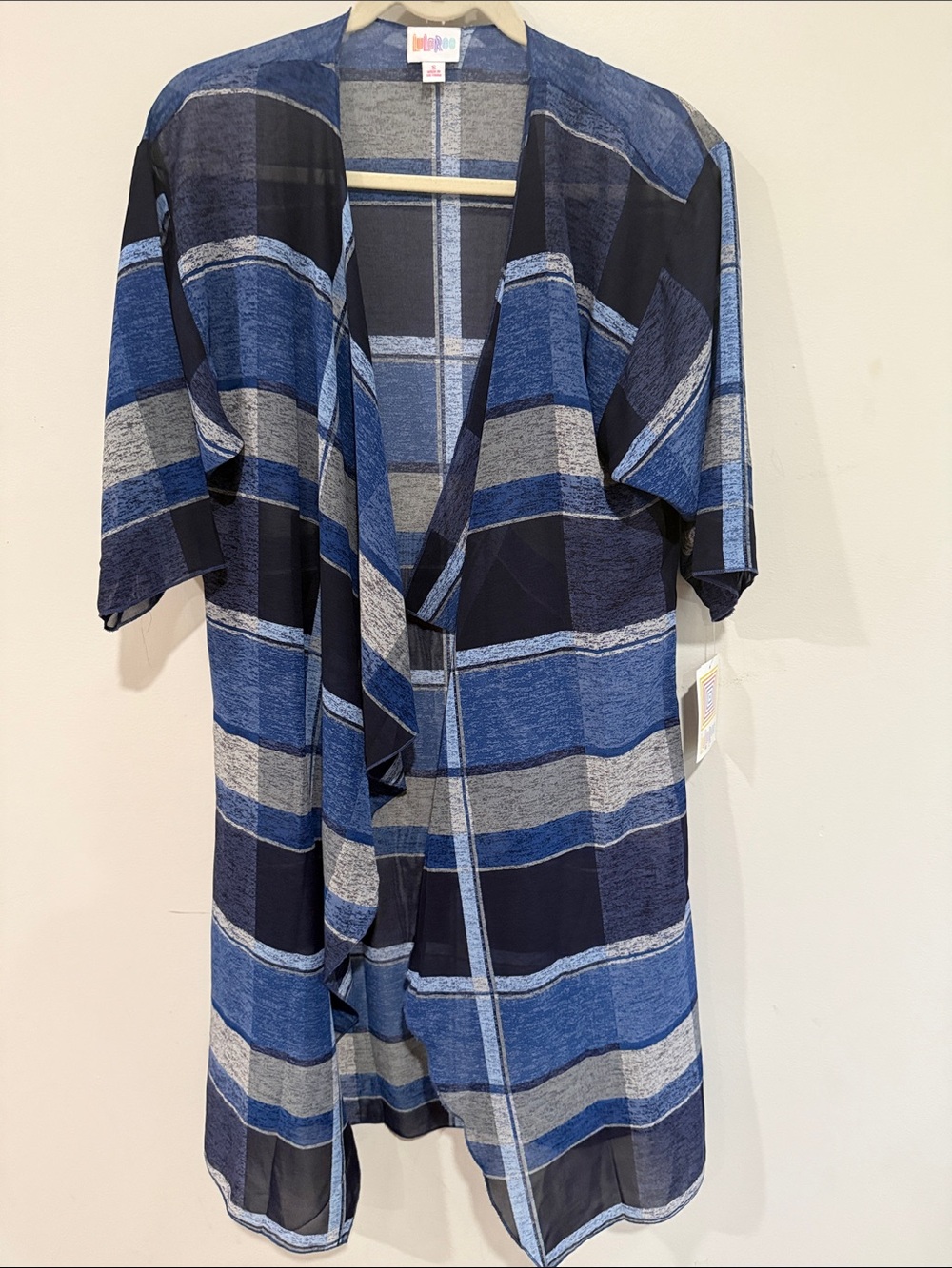 LuLaRoe Blue and Gray Plaid Open-Front Kimono